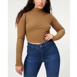 NWT Good American Cropped Olive Green Mock Neck Cropped Top Long Sleeve